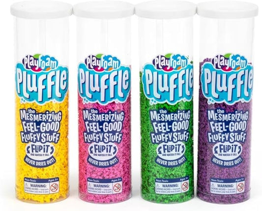 Educational Insights Pluffle 4-Pack (Yellow, Pink, Green, & Purple) - Preschool Sensory Bin Filler, Tactile Sensory Toys for Toddlers 3-4, Mess Free Slime Alternative, Satisfying Foam Sand Bin Filler