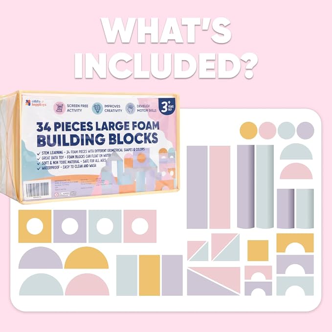 34 Large Foam Blocks for Toddlers - Pastel Stacking Soft Blocks for Kids | 34 jumbo soft EVA foam blocks in pastel colors - stack, build and float in the bath. Storage bag included. Non-toxic, ages 3+