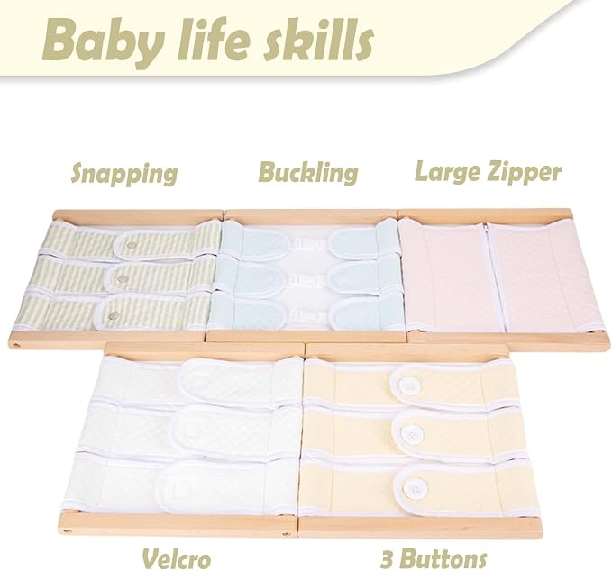 Montessori Wooden Toys for Dressing Learning Board Learning Basic Dressing Skills - Buttons, Snaps, Zippers, Belt Buckles & Hook-and-Loop Fastener Toys for 1 2 3 Year Old Toddlers Sensory Toy Gifts