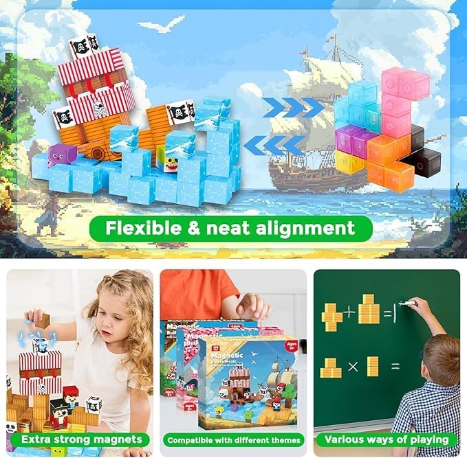 Magnetic Building Blocks Magnetic BuildingTiles Toys for Boys Girls Age 3+, Creative Plastic MagnetSquare Gift for Kids New Pirate Ship 100PCS
