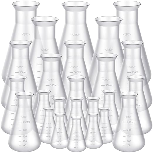 DoubleFill 20 Pcs Plastic Beakers for Kids Class and Party, Scientific Conical Flask, Laboratory Chemical Erlenmeyer Education Learning Tool, 50ml, 100ml, 250ml, 500ml, 1000ml