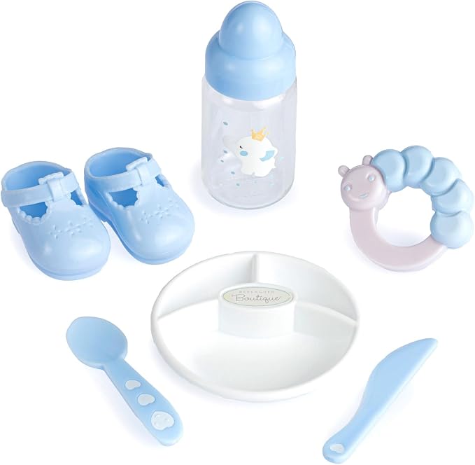 15" Realistic Soft Body Baby Doll with Open/Close Eyes | JC Toys - Berenguer Boutique | 10 Piece Gift Set with Bottle, Rattle, Pacifier & Accessories | Blue | Ages 2+