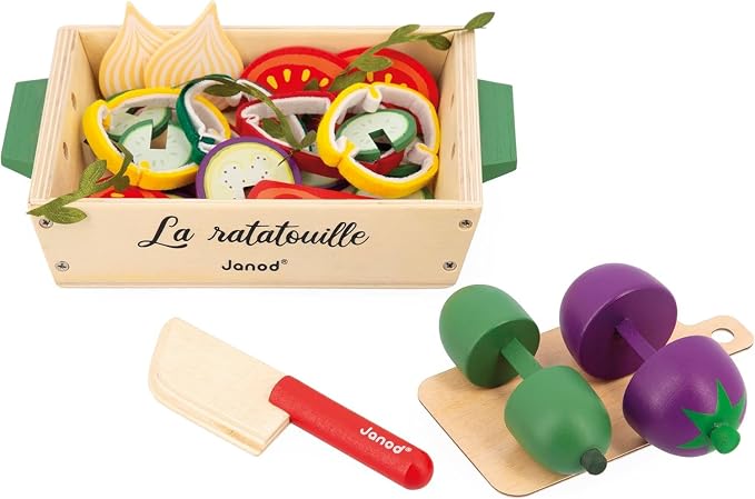 JANOD Ratatouille J06626 J06626 Set of 32 Kitchen Accessories with Recipe, Utensil and Imitation Vegetables, FSC Wooden Toy, Ages 3 and Above, Multi-Coloured