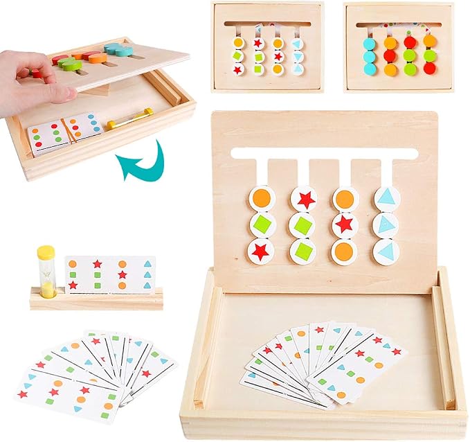 Montessori Learning Toys Slide Puzzle Color and Shape Matching Logic Puzzles for Kids, Preschool Educational Wooden Brain Teasers Toy for Child Kids Age 3 4 5 6 7