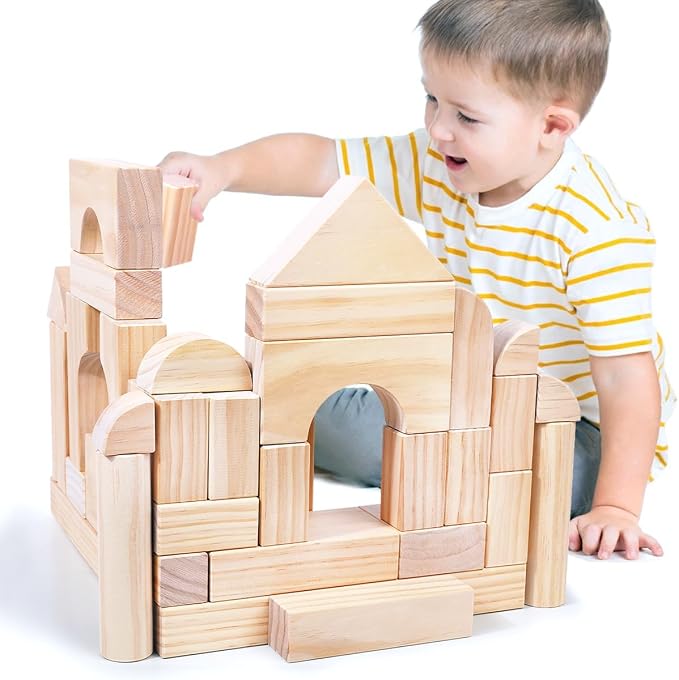 Large Wood Building Blocks with Wooden Storage Tray, 64-Piece Hardwood Sorting & Stacking Toys for Building & Balancing, Educational Preschool Learning Toys for 3+ Year Old Boy and Girl Gifts