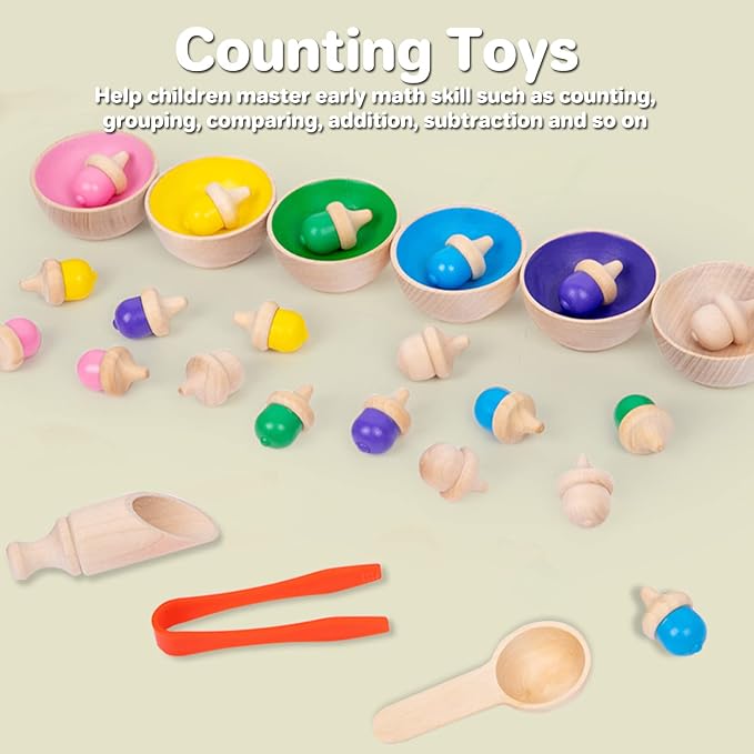 Wooden Color Sorting Toys for Toddlers - Montessori Counting Game with 6 Bowls & 20 Weighted Acorns - DIY Unpainted Pieces - Premium Educational Set with Tweezers, Spoon, Scoop & Bag - Kids 3+