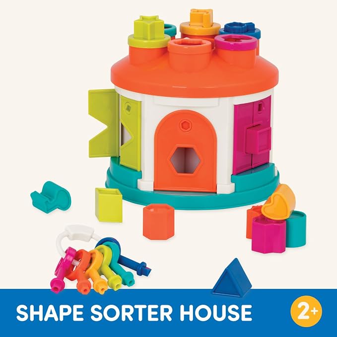Battat Color Sorting Toy with Keys and Storage, Toddler, 14-Piece Set | Take-along shape sorting house with 12 different shapes, color-coded keys, carry handle, and storage inside, 2+ Years