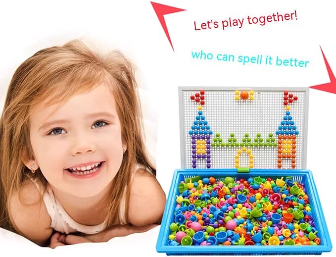 592Pcs Jigsaw Puzzle Mix Colour Mushroom Nails Pegboard Educational Building Bricks Creative DIY Peg Puzzle Toys 3D Games Birthday Christmas Party Gift for Kids Children Age Over 3 Years Old
