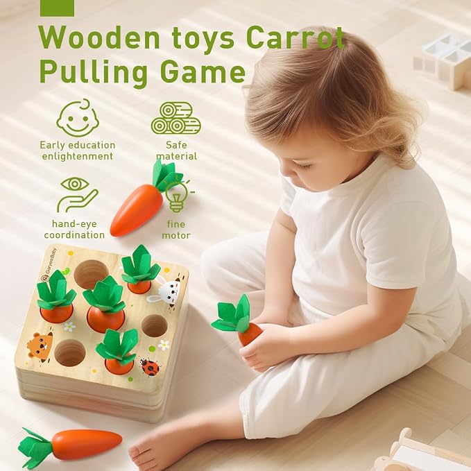 Wooden Carrot Harvest Montessori Toy for Toddlers 1-3, Shape Sorter Sensory Learning Toy for 1 2 3 Year Old, Fine Motor Skills Size Matching Educational Toy for Boys Girls, Birthday Gift
