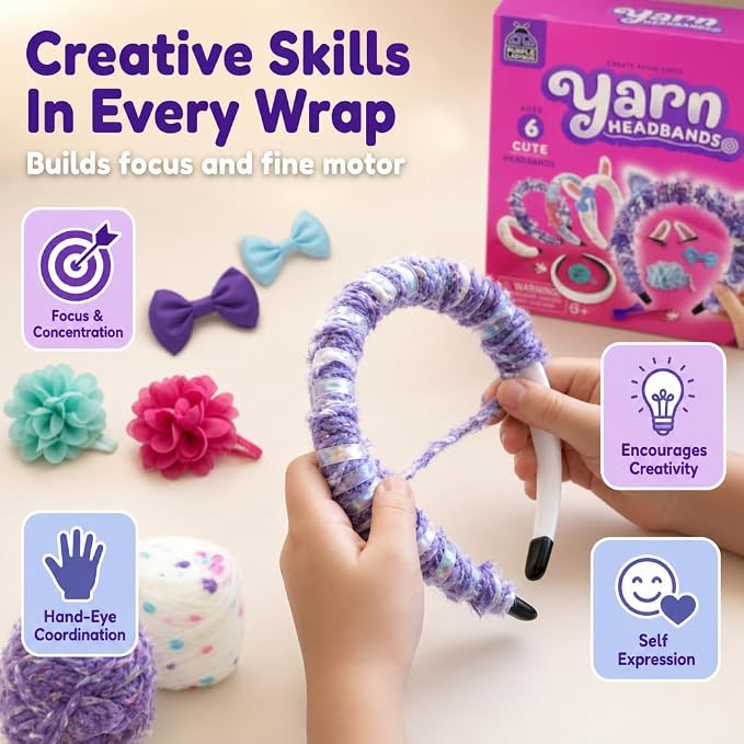 Wrap & Wear DIY Yarn Headband Making Kit, 7 Year Old Girl Birthday Gifts | Makes 6 Yarn Headbands for Girls Plus 3 DIY Metal Hair Clips, Mess-Free Headband Making Kit for Girls, Arts and Crafts for 6+
