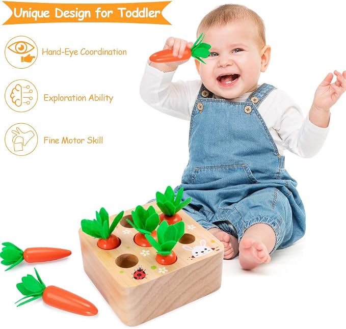 Montessori Toys Baby Easter Toys for Toddlers 1-3 Years Old, Educational Wooden Carrot Toys Shape Size Sorting Matching Puzzle, Great Baby Easter Gifts Birthday Gift Toy