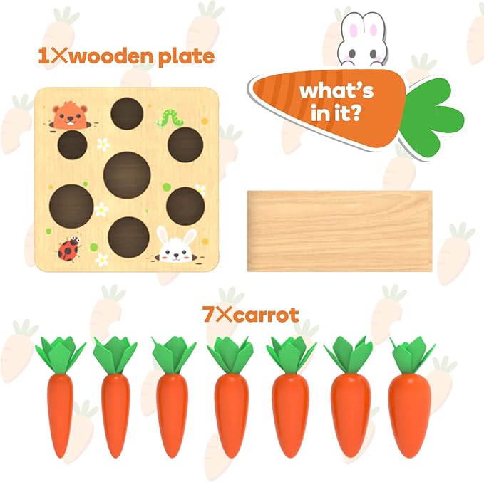 Wooden Montessori Toys for 1 Year Old, Carrots Harvest Shape Sorting Toy | Educational shape sorting matching wooden toys for fine motor skills, Great birthday & Easter gift for 1+ year olds