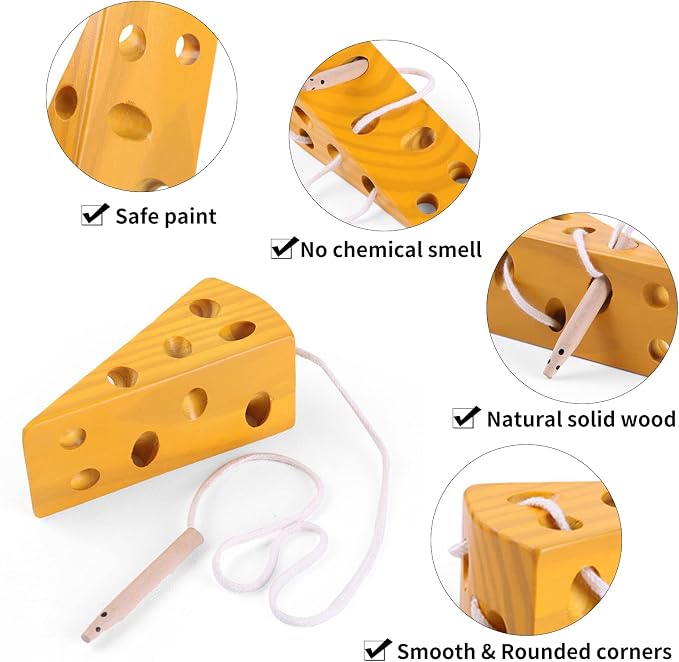 Sealive Early Development Wooden Lacing Toys, Montessori Activity | Caterpillars Eat Apple and Kids Cheese Toys, Children Learning Educational Wood Block Puzzles for Toddlers Boys Girls