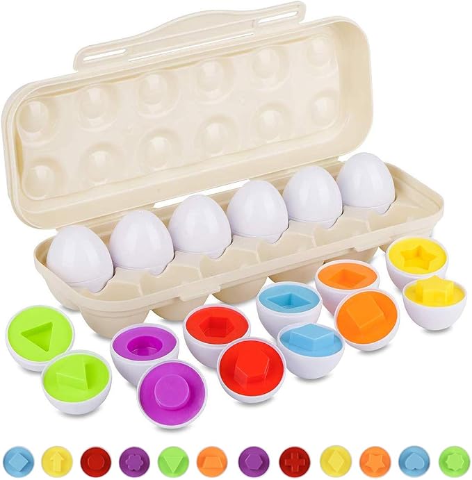 Hhyn Matching Eggs Set with Beige Eggs Holder, 12 Eggs | Egg Toys, Learning Shapes and Colors, Educational Puzzle Sorting Games, Improve Motor Skills for Kids Easter Gift