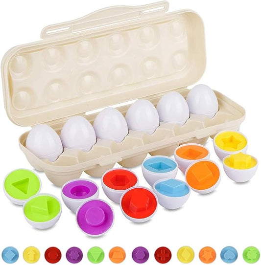 Hhyn Matching Eggs Set with Beige Eggs Holder, 12 Eggs | Egg Toys, Learning Shapes and Colors, Educational Puzzle Sorting Games, Improve Motor Skills for Kids Easter Gift
