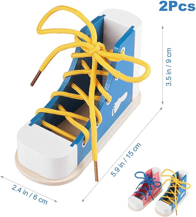 NUOBESTY Shoe Tying Practice for Kids Preschool Learning Toys Learn to Tie Shoes Tying Practice Board Early Educational Developmental Wooden Toy Toddler 2pcs