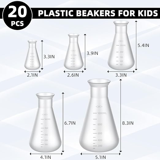 DoubleFill 20 Pcs Plastic Beakers for Kids Class and Party, Scientific Conical Flask, Laboratory Chemical Erlenmeyer Education Learning Tool, 50ml, 100ml, 250ml, 500ml, 1000ml