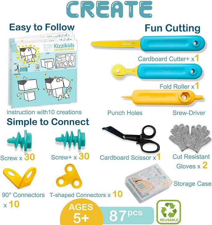 Kizzikids Cardboard Tools for Kids, Safe Cutter STEM Construction Kit | 87 PCS, Hands-On Learning, Creative Projects, Screen-Free Play, Family Fun, Classroom Activities, Ages 5+