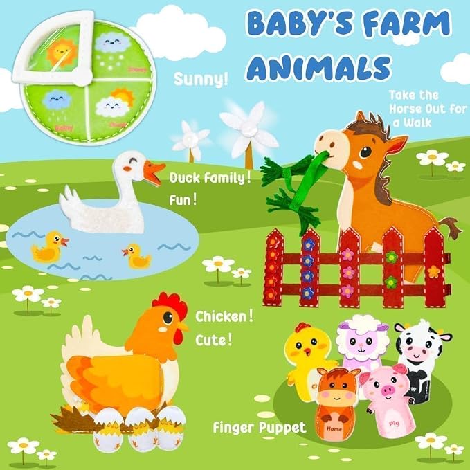 Farm Busy Book for Toddlers 1-3, Busy Board for 1 Year Old, Barn Animals Quiet Books with Finger Puppets, Portable Travel Learning Educational Montessori Toys for 1 Year Old Birthday Gifts Christmas