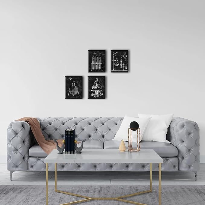 Chemistry Wall Art Black and White Science Exploration Decor 10x8Inch | Science Classroom Art Pictures for Lab Kids Playroom Bedroom Classroom Bulletin Board Decor, Set of 4 Framed