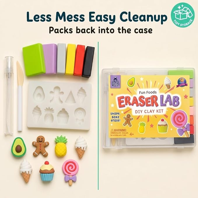 Eraser Lab DIY Clay Kit, Food-Themed, Kids Aged 4+ | 8 Clay Colors, Mold Tray & Shaping Tool, Creative Activity for Boys & Girls, Birthday Gifts