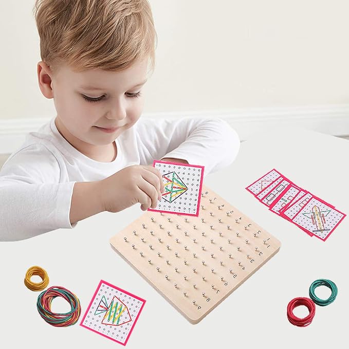 Wooden Geoboards - Montessori STEM Toy with Pattern Cards for Kids Ages 3+ | Pattern Cards & Rubber Bands, Geometric Shape Learning, Classroom STEM Tool, Brain Teaser Gift