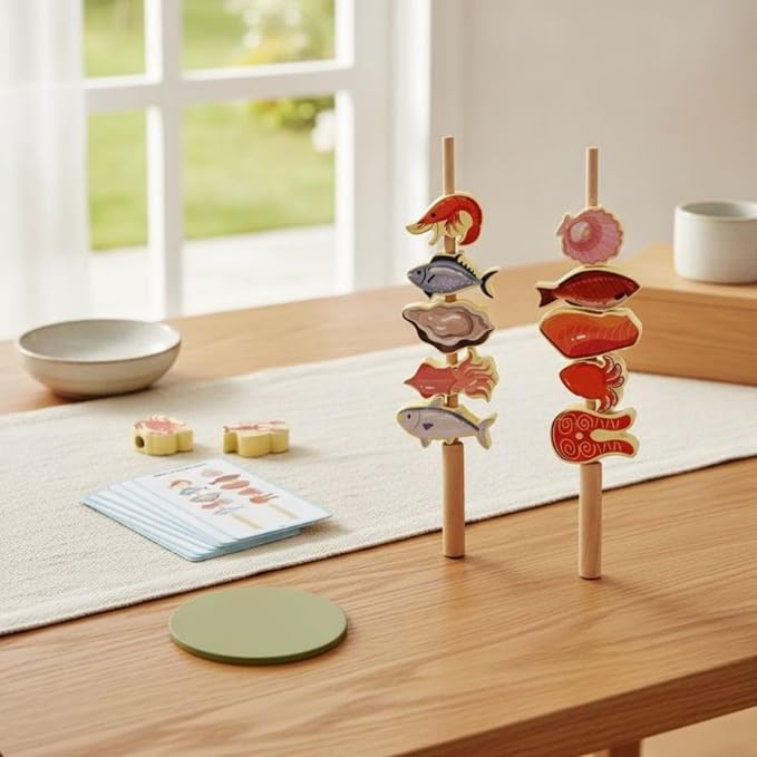 harayaa Children Cognitive Game Fruit Lacing Beads Threading Toy Stacking Blocks Matching Cards Wooden Educational Set for Motor Skill Training and Color, Seafood Skewers
