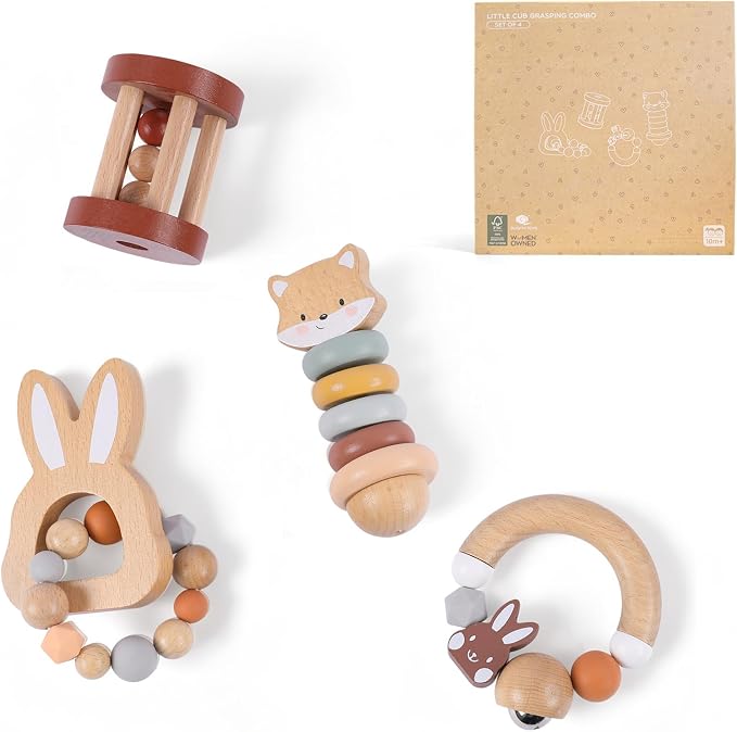 Freniland Wooden Baby Toy Set, Montessori Grasping Toys for Infants 10M+, Bunny & Bear Themed Natural Wood Sensory Toys, Fine Motor Skill Development Gift for Boys & Girls