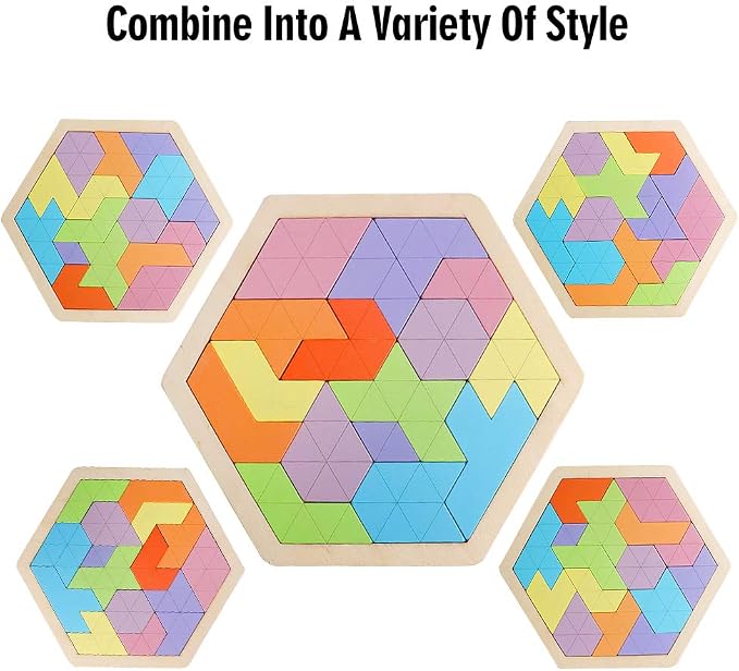 Wooden Hexagon Tangram Puzzle, STEM Educational Brain Teaser for All Ages | Montessori Educational Toy, Geometric Shape Blocks, Logic IQ Game, Ideal Gift for Kids Teens Adults