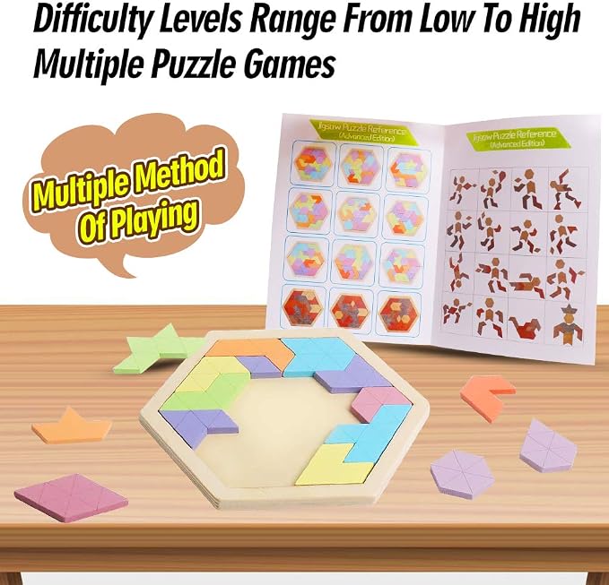 Wooden Hexagon Tangram Puzzle, STEM Educational Brain Teaser for All Ages | Montessori Educational Toy, Geometric Shape Blocks, Logic IQ Game, Ideal Gift for Kids Teens Adults