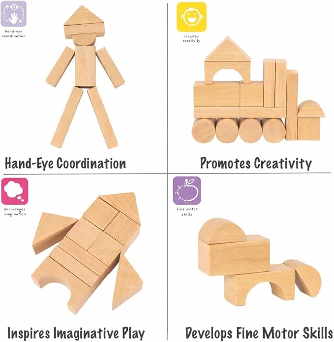 100 Pcs Wooden Blocks for Toddlers 1-3, Kids Building Blocks & Shape Sorter | Natural Beech Wood - Bucket for Easy Storage - Montessori Toys for 1 2 3 Year Old, Learning Toys for Preschool Girls and Boys