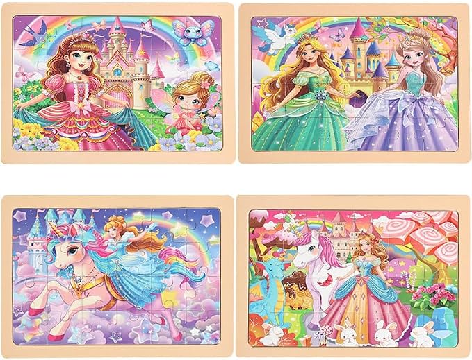jWooden Puzzle for Kids 4-6 Years Old, 4 Pack of 24 Pieces Unicorn Princess Fairy Puzzle, Preschool Education Brain Teaser Toy for 3 4 5 6 Year Old Girls.