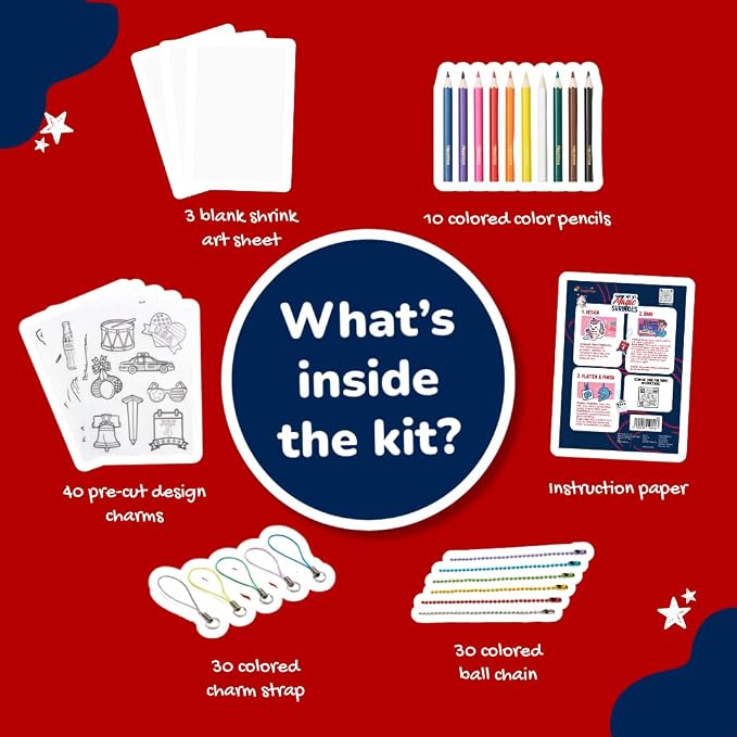 Shrink Art Keychain Kit for Kids - 40 Pre Cut USA Charms to Color & Bake | Kids color 40 pre-cut USA shrink plastic charms, bake & shrink them into keychains & bag tags - 10 colored pencils included