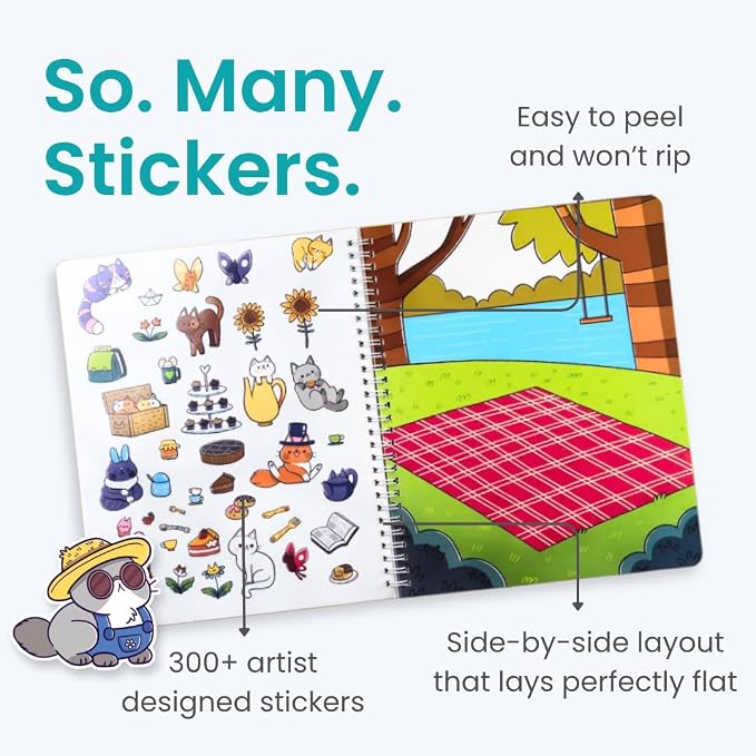 Cupkin Land of Cats Coloring & Sticker Activity Book | 300+ Stickers | Spiral-bound kids craft format with 8 scenes, 8 art pages, side-by-side viewing, and an easy-peel design for ages 2–8