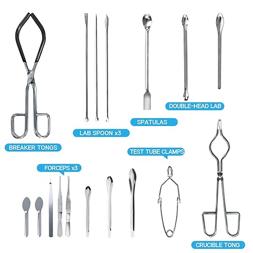 Chemistry Lab Tool Set, Stainless Steel | Crucible tongs, lab spatula scoop, U shape spoon, test tube clamp, forceps tweezers, chemistry starter tools