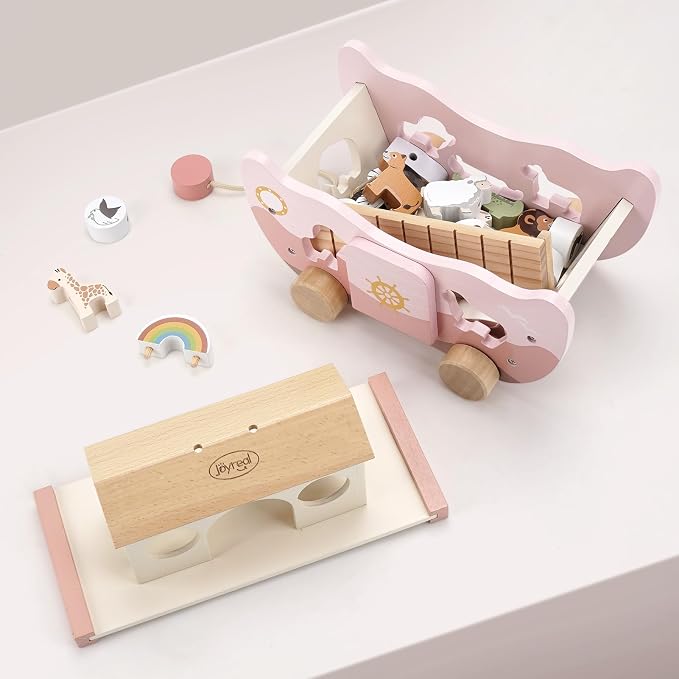 Joyreal Pink Wooden Noah's Ark Toy for 1 Year Old Baby Girl Baptism Gifts | Montessori Educational Toy, Animal Shape Sorter, Christian Toys for Toddler Boy 1-3 Years Old, Christmas Birthday Gift