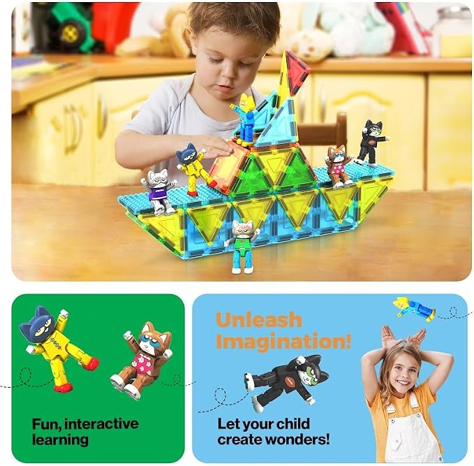 PicassoTiles 6pcs Pete the Cat Magnetic Figures Family Animal Action Character Toddler Toys Magnet Expansion Pack Building Blocks Add-on Educational STEM Learning Kit Construction Brain Tiles PTC01