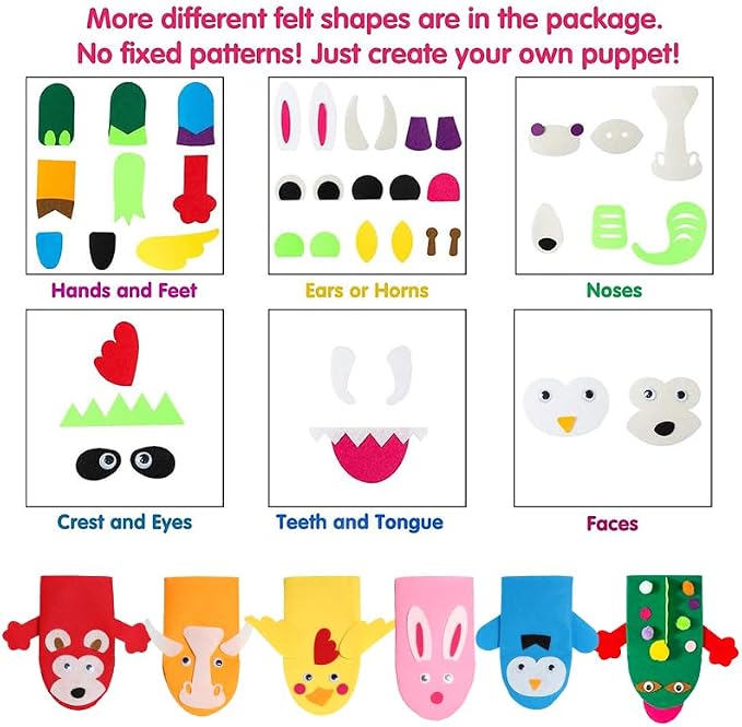 WATINC Hand Puppet Making Kit, Felt Sock Puppet Toys for Kids (Animals) | 6 Styles, Make Your Own Storytelling & Role Play Crafts, Creative Group Activity, Party Favors & Gifts for Kids Ages 4-8
