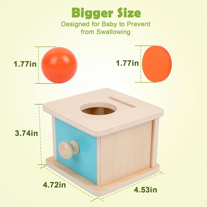Adena Montessori Blue Wooden Coin Box 2 in 1 Object Permanence Toy 6+ Mo | Includes 6 colorful wood discs and a ball, works as color shape sorter and baby toy storage, smooth burr-free linden wood