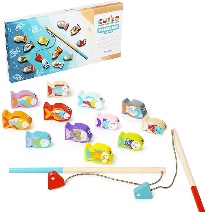 CUBIKA Wooden Fishing Game – Magnetic Fishing Toy for Kids Ages 2+ – Montessori Fine Motor Skill Game with 2 Rods – FSC-Certified Wood, German Water-Based Paints