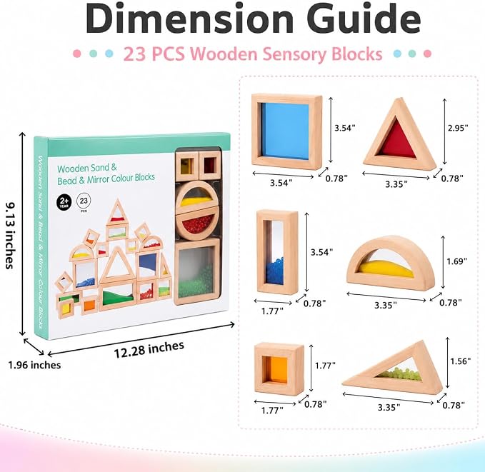 23 Pcs Rainbow Wooden Sensory Building Blocks for Toddlers,Gift for Kids | Colorful Geometric Stacking Toys with Beads, Sand & Mirror Blocks, Montessori STEM,Preschool Learning Educational Toys