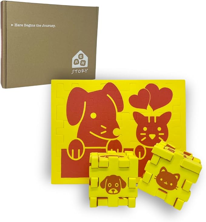 2D & 3D Foam Puzzle for Kids Ages 3+, Dog & Cat Animal Travel Toy for Airplanes & Road Trips, Quiet Screen-Free Busy Bag Activity, Montessori STEM Fine-Motor Learning Toy – Yellow