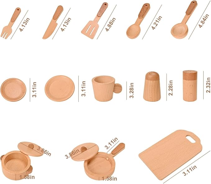 Play Kitchen Accessories Montessori Wooden Toys | Kids Kitchen Set Cookware Plates Dishes Pots Pans Cooking Playset 15pcs Sensory Toys for Toddlers Girls Boys With Storage Bag