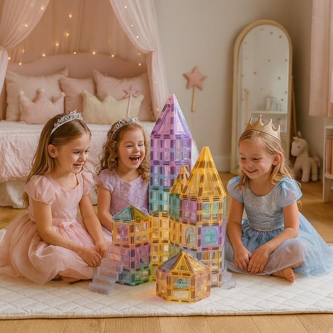Pastel Magnetic Tiles, 108-Piece Palatial Set with Stairs | Palace & Castle Building Blocks, Strong Magnets, STEM Toy, Ages 3+