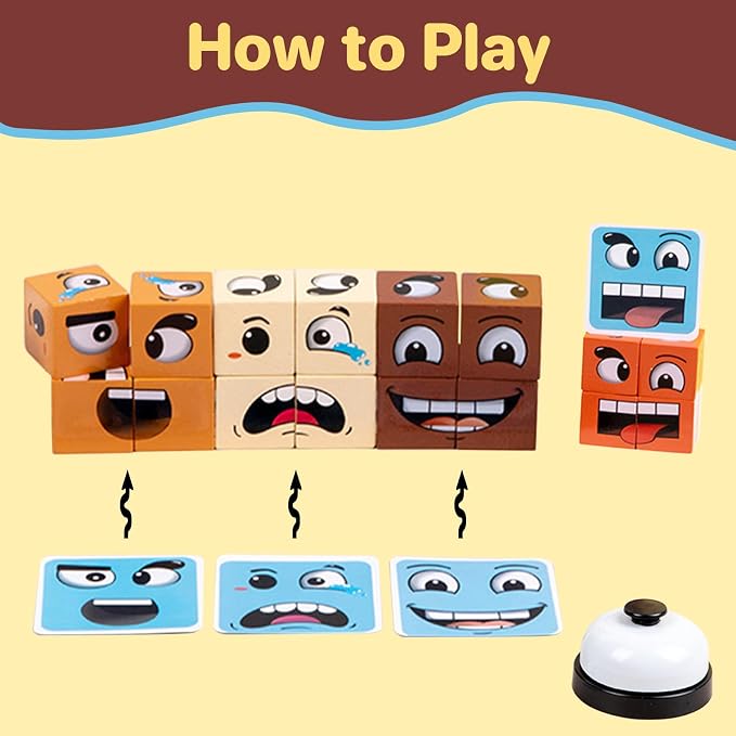 Face Changing Magic Cube Game, Wooden Expression Puzzle Block Games, Fine Motor Skills Board Games for Kids & Adults with Bell