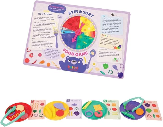Battat Education Stir & Sort Food Court Play Food Fine Motor Game, Learning | 102-piece pretend play food set with 74 food pieces, tongs, bowls, plates, recipe cards, spinner and wooden tray, 3+ Years
