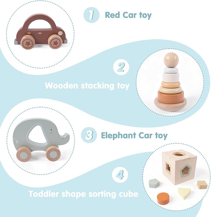 FReniland Wooden Baby Toy Set for 12M+, Montessori Grasping & Stacking Toys, Elephant & Car Sensory Toys, Natural Wood Fine Motor Skill Development Gift for Boys & Girls