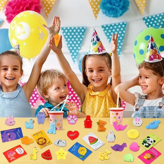 Squishy Toys for Kids, 28 Pack Mini Mochi Squishies and Cards | Soft Fidget Toys Goodie Bag Stuffers Party Favors for Kids Treasure Box Classroom Prizes