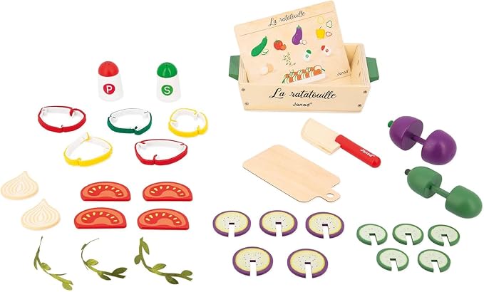 JANOD Ratatouille J06626 J06626 Set of 32 Kitchen Accessories with Recipe, Utensil and Imitation Vegetables, FSC Wooden Toy, Ages 3 and Above, Multi-Coloured