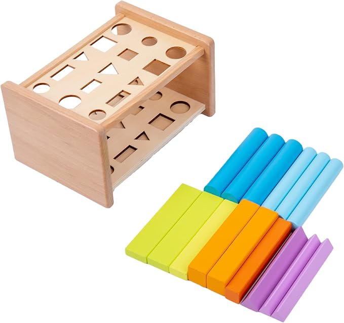 Adena Montessori 15-Piece Shape Sorting Sticks Toy, 1-3y | 15 gradient-colored pegs + pegbox. Builds color/shape recognition, fine motor & problem-solving. Montessori gift 1-3y.